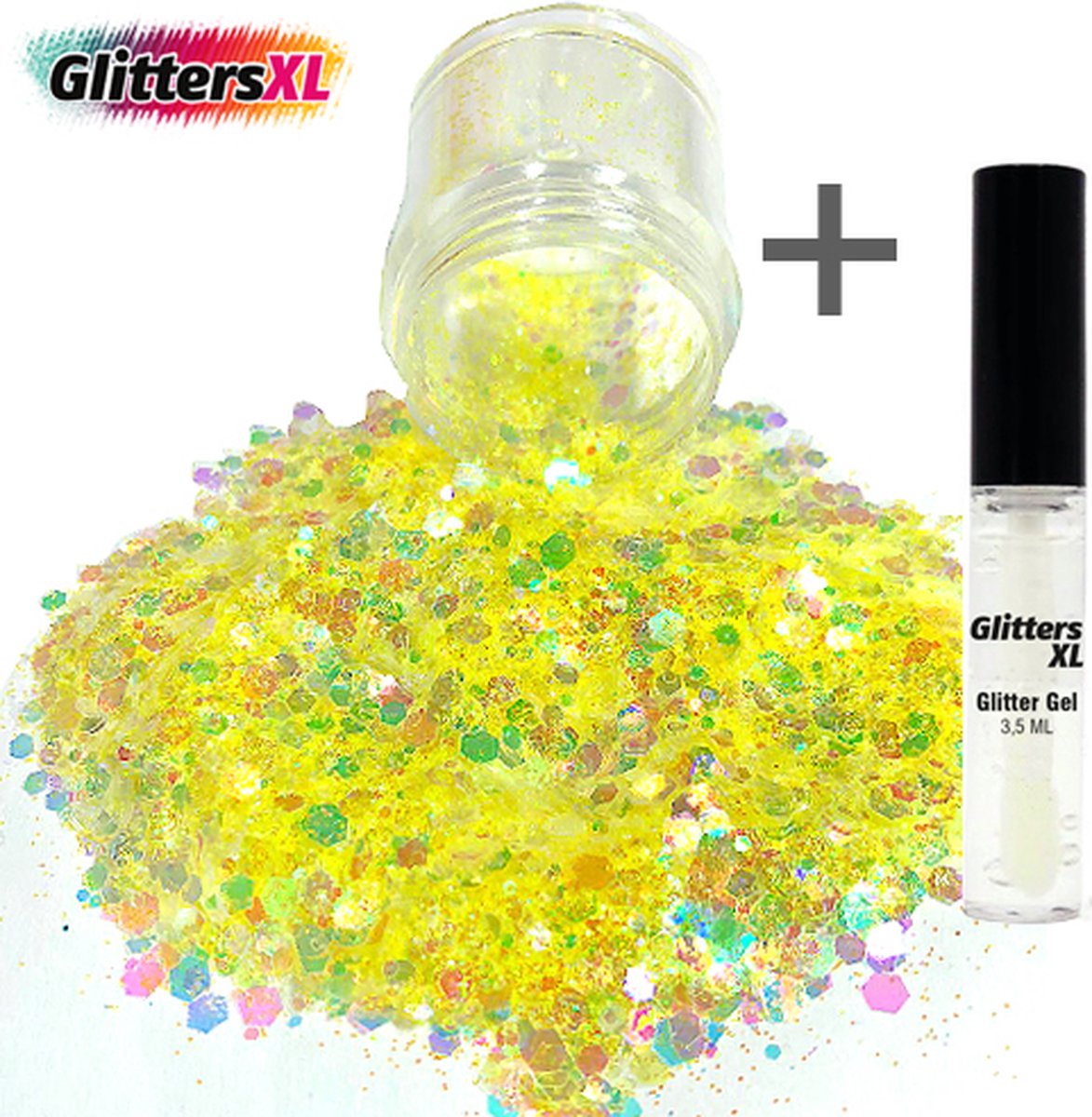 GlittersXL - Chunky Glitters (Geel) (Volume 8g) + Glitter Huid Lijm [Festival Makeup Gezicht Lichaam - Face Body Glitter - Biologisch afbreekbaar - Versiering Dames Volwassen Kinderen]